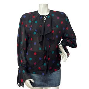 Vintage 100% Silk Polka Dot Ruffle Shear Blouse Size 12